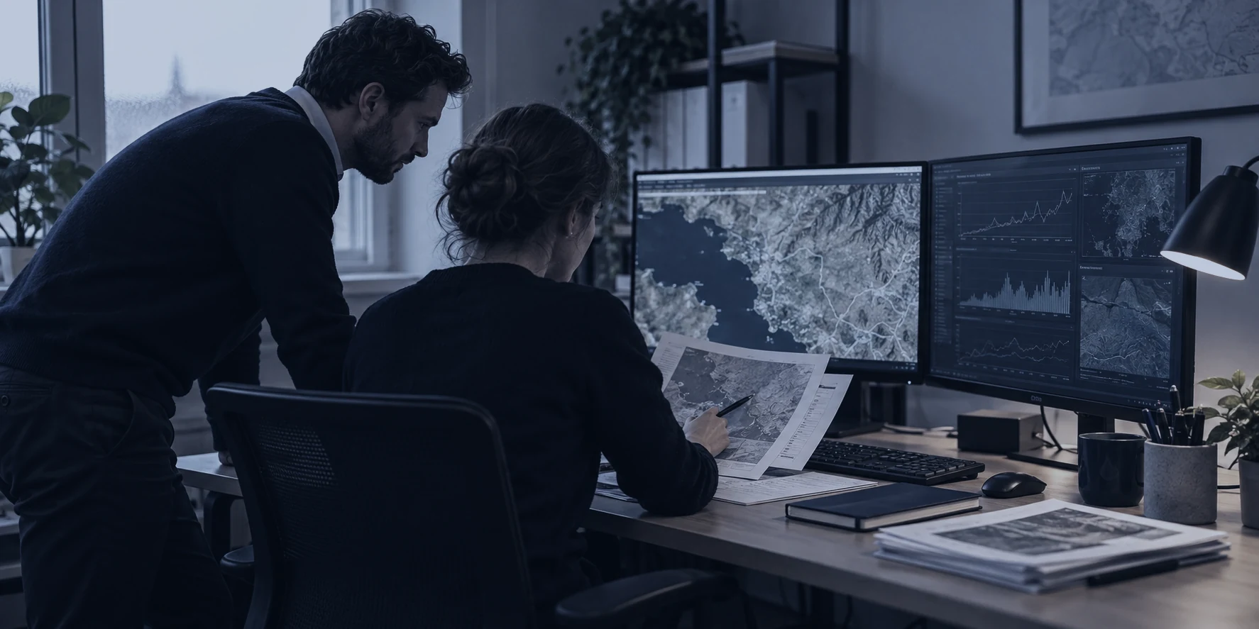 Illustration: a man and a woman analysing maps and charts on monitors