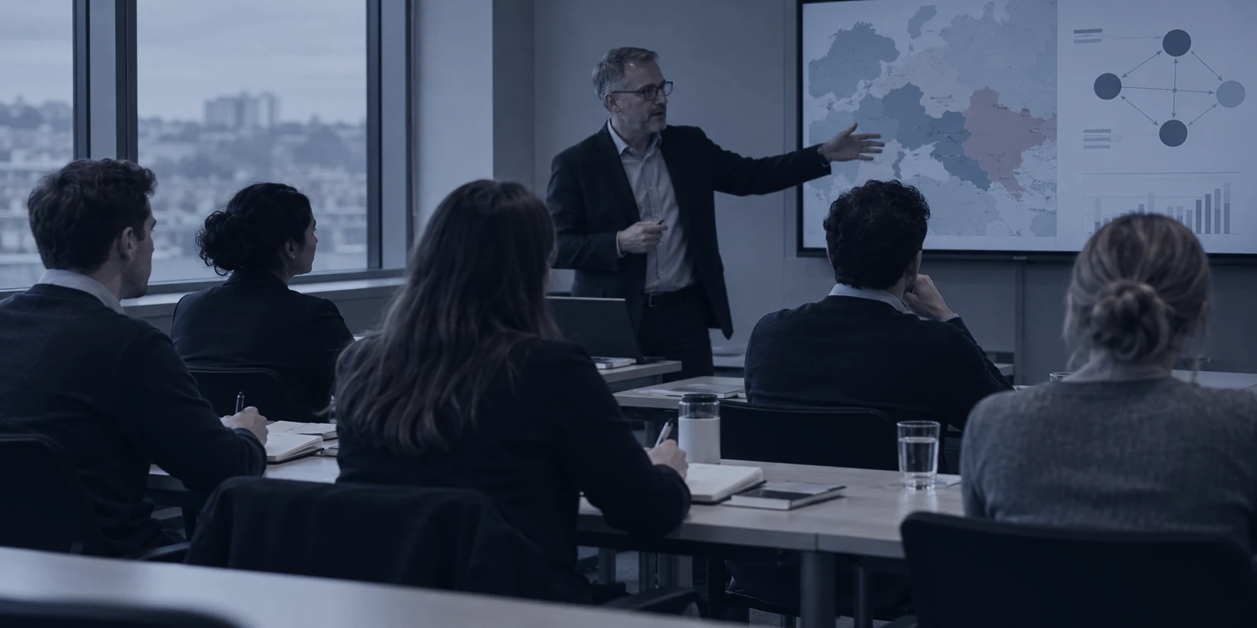 Illustration: an instructor at a screen and participants of a practical seminar